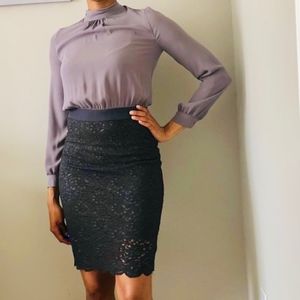 Grey Lace Turtleneck Bow Tie Lace Midi Dress